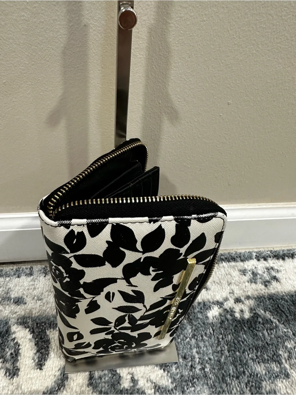 Steve Madden Black & White Floral Zip-Around Wallet/Wristlet with Gold Accent